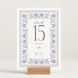 "Embroidered" - Table Numbers in Cerulean by Jenna Holcomb - Displayed (stand not included)