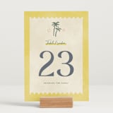 "Coastal Drift" - Table Numbers in Caribbean Citrus by Pixel and Hank - Displayed (stand not included)