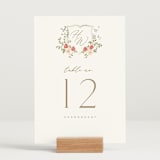 "Roses Crest" - Table Numbers in Pomegranate by Everett Paper Goods - Displayed (stand not included)