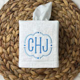 "Custom Embroidered Monogram Tissue Box Cover" - Tissue Box Cover in white by Virginia Marcello