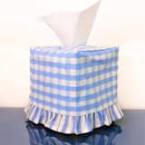 "Ruffle Tissue Box Cover in Blue Gingham Blockprint" - Tissue Box Cover in blue by Inner Child