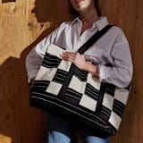 "Checkered Canvas Tote - Charcoal" - Tote Bag in black by Anchal