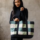"Checkered Canvas Tote - Sage" - Tote Bag in green by Anchal