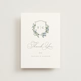 "Foliage Crest" - Wedding Thank You Postcards in Sky by Everett Paper Goods - Front
