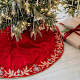 "Standard Size Red velvet gold embroidered tree skirt Christmas Holiday gift" - Tree Skirts in red by Courtney Bedi