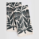 "Block Print Floral" - Tea Towel in Dark Teal by Katharine Watson - Tea Towel Pair