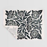 "Block Print Floral" - Tea Towel in Dark Teal by Katharine Watson - Full Towel with Hanging Loop