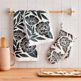 "Block Print Floral" - Tea Towel in Dark Teal by Katharine Watson - In Home