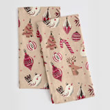"Retro Ornaments" - Tea Towel in Coral by Vivian Yiwing - Tea Towel Pair