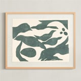 "Swimming Birds" - Textile Art Print in Deep Green by Mary Ketch - Framed