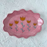 "Pink Floral Oval Wavy Trinket Dish" - Vanity Trays and Dishes in pink by Quiet Clementine
