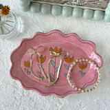 "Pink Floral Oval Wavy Trinket Dish" - Vanity Trays and Dishes in pink by Quiet Clementine
