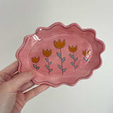 "Pink Floral Oval Wavy Trinket Dish" - Vanity Trays and Dishes in pink by Quiet Clementine