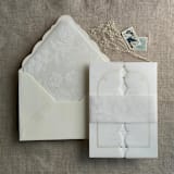 "Venetian floral lace white ink printed vellum belly band style A for 5x7 card | Pack of 10" - Belly Bands in white by Ivory Invitations