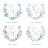 "Custom Hydrangea Watercolor Crest & Initials" - Commissioned Design Element in purple by Claudia Orengo