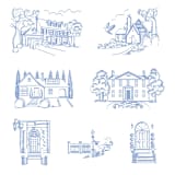 "Custom Line Drawing Venue" - Commissioned Design Element in blue by Teju Reval