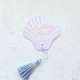 "White Watercolor Seashell Place Card with Blue Tassel- Personalized with Calligraphy- Set of 10" - Place and Escort Cards in white by Inkspiringletters