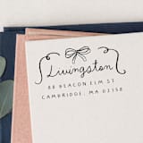 "Bow and Flourish Stamp - Whimsical Script Address Stamp | Wood Handle Stamp" - Address Stamps in multicolorassorted-colors by Sara Luke