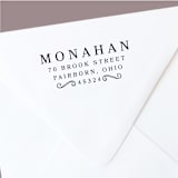 "Custom Return Address Stamp | Scroll Design | Bold and Beautiful | Self-Inking" - Address Stamps in black by The Homebody Society