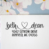 "Custom Address Stamp with first names linked with a heart | Self Inking" - Address Stamps in black by Sara Luke