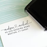 "Custom Address Stamp with first names linked with a heart | Self Inking" - Address Stamps in black by Sara Luke