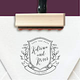 "Custom Save the Date Stamp | Crest With Leaves" - Address Stamps in black by The Homebody Society
