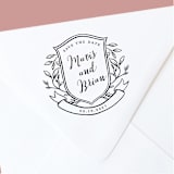 "Custom Save the Date Stamp | Crest With Leaves" - Address Stamps in black by The Homebody Society
