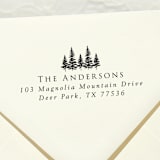 "Evergreen trees address stamp | Self Inking Return Address Stamp" - Address Stamps in black by Samantha Malvey