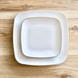 "Subtle Square Dinnerware Set | Gilded Rim" - Wedding Serving and Dining Accessories in white by Prêt-à-PartyNY
