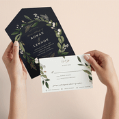 "Greenery Crown" - Savvy Wedding Invitations in Navy by Susan Moyal - Animated View