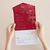 "Double Peony" - Savvy Wedding Invitations in Ruby by Janean Hinger - Foil Interior
