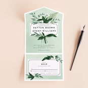 "Botanical Name Plate" - Savvy Wedding Invitations in Sage by Shiny Penny Studio - Front Open