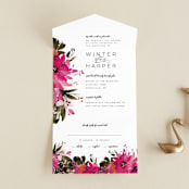 "Peeking Florals" - Savvy Wedding Invitations in Fuchsia by Lori Wemple - Front Open