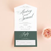 "Roman Shade" - Savvy Wedding Invitations in Evergreen by Carrie ONeal - Front Open