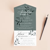 "Serafina" - Savvy Wedding Invitations in Sage by Melanie Kosuge - Front Open