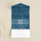"Kantha Quilt" - Savvy Wedding Invitations in Indigo by Nazia Hyder - Front Open