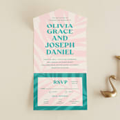 "The Palm" - Savvy Wedding Invitations in Flamingo by Pixel and Hank - Front Open