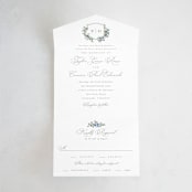 "Foliage Crest" - Savvy Wedding Invitations in Sky by Everett Paper Goods - Front Open