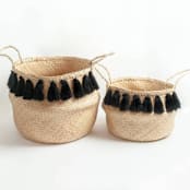 "Black Tasseled Belly Baskets - Medium" - Decorative Baskets in black by Powered By People