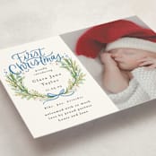 "First Christmas Wreath" - Holiday Birth Announcement Cards in Winter Sky by Alethea and Ruth - Detail