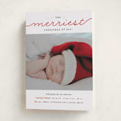 "The Merriest Christmas Of All" - Holiday Birth Announcement Cards in Fire Engine Red by Sara Hicks Malone - Folded Card