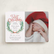 "First Christmas Wreath" - Holiday Birth Announcement Cards in Berry by Alethea and Ruth - Front