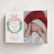"First Christmas Wreath" - Holiday Birth Announcement Cards in Berry by Alethea and Ruth - Folded Card