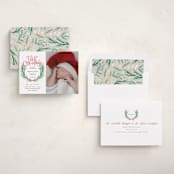 "First Christmas Wreath" - Holiday Birth Announcement Cards in Berry by Alethea and Ruth - Assembled