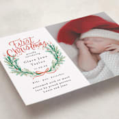 "First Christmas Wreath" - Holiday Birth Announcement Cards in Berry by Alethea and Ruth - Detail