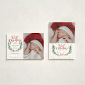 "First Christmas Wreath" - Holiday Birth Announcement Cards in Berry by Alethea and Ruth - Photo Orientation Options