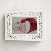 "Merry Little Christmas Greenery" - Holiday Birth Announcement Cards in Tangerine by Alethea and Ruth - Folded Card