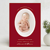 "Scallop Frame" - Holiday Birth Announcement Cards in Candy Cane by Emily Betts - Front