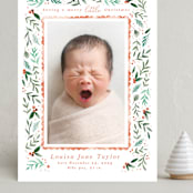 "Merry Little Christmas Greenery" - Holiday Birth Announcement Cards in Tangerine by Alethea and Ruth - Front