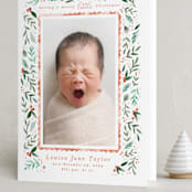 "Merry Little Christmas Greenery" - Holiday Birth Announcement Cards in Tangerine by Alethea and Ruth - Folded Card